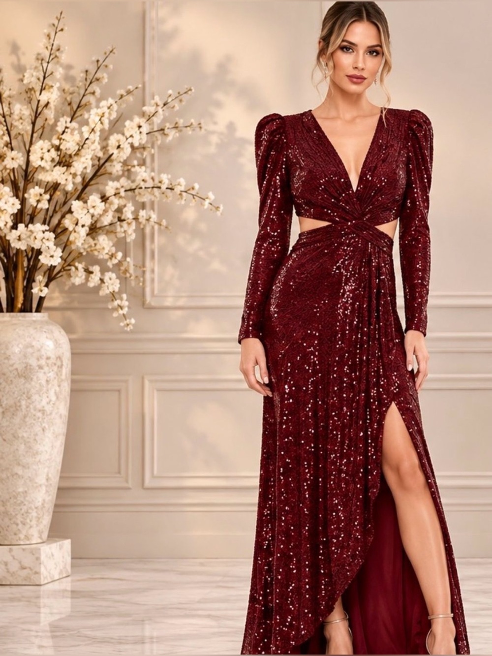 NWT Mac Duggal Burgundy Sequin Cutout
Gown Size 0 Long Sleeve Slit Dress